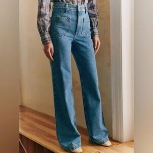 Sézane Le 70s wide leg denim patch pocket trousers light blue 44